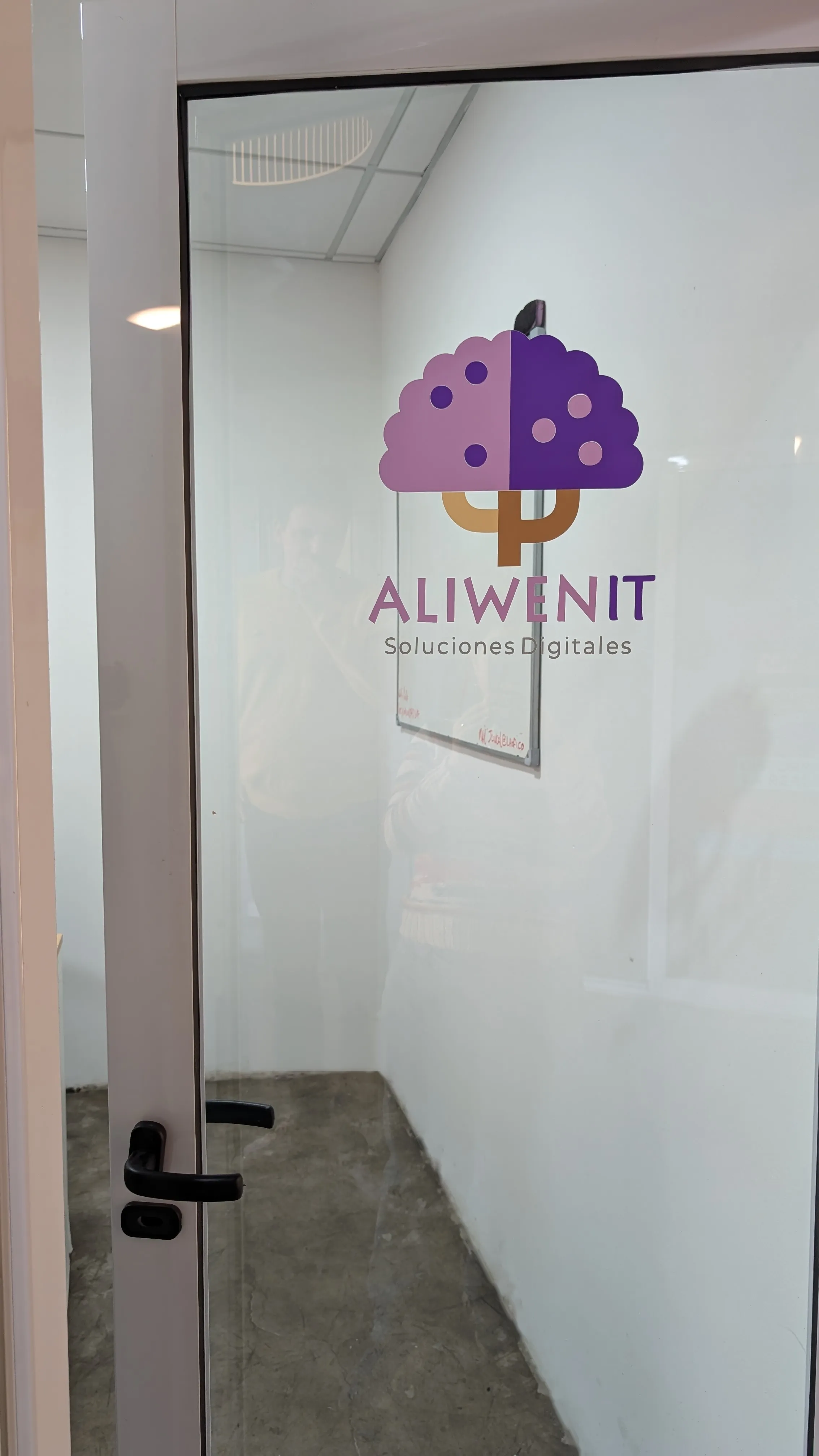 Puerta de vidrio de la oficina con el logo de Aliwen IT